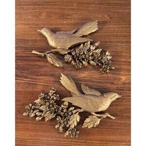 Vintage Dart Industries Medium Gold Bird Wall Plaques Set Of 2 Floral Decor
